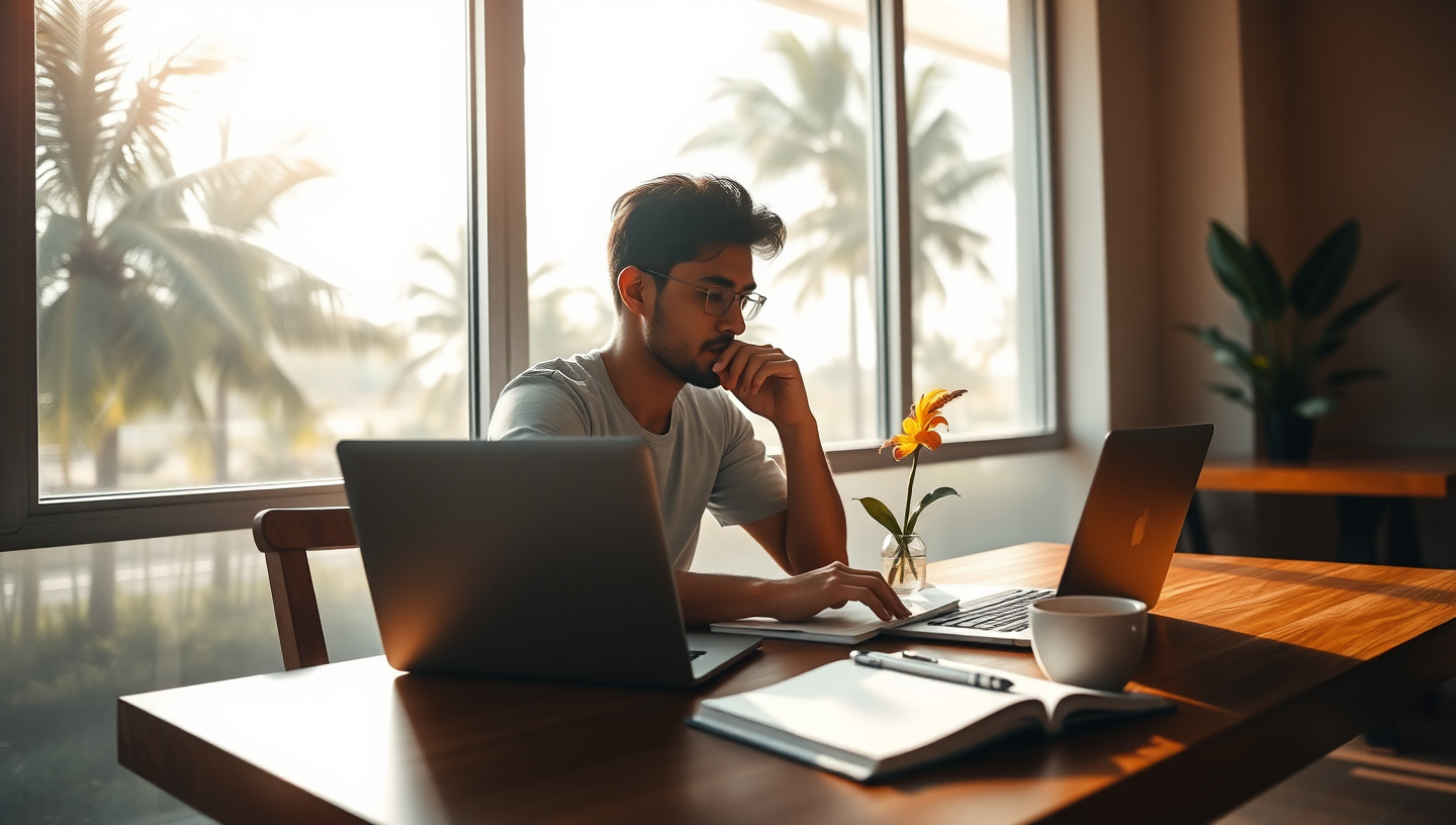 Digital nomad working in a bright Thai co-working space