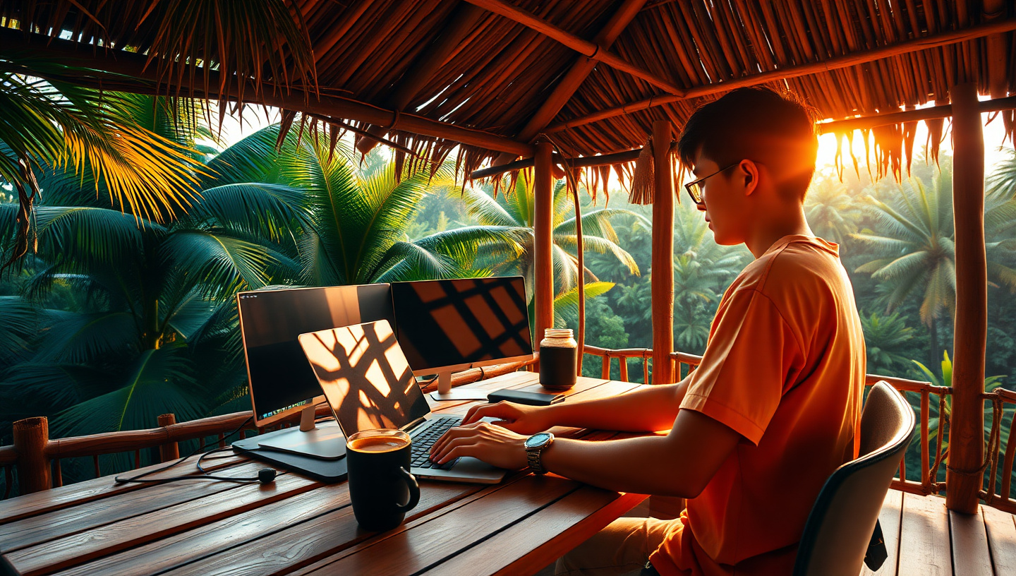 Digital nomad working in Thailand with laptop at a tropical co-working space